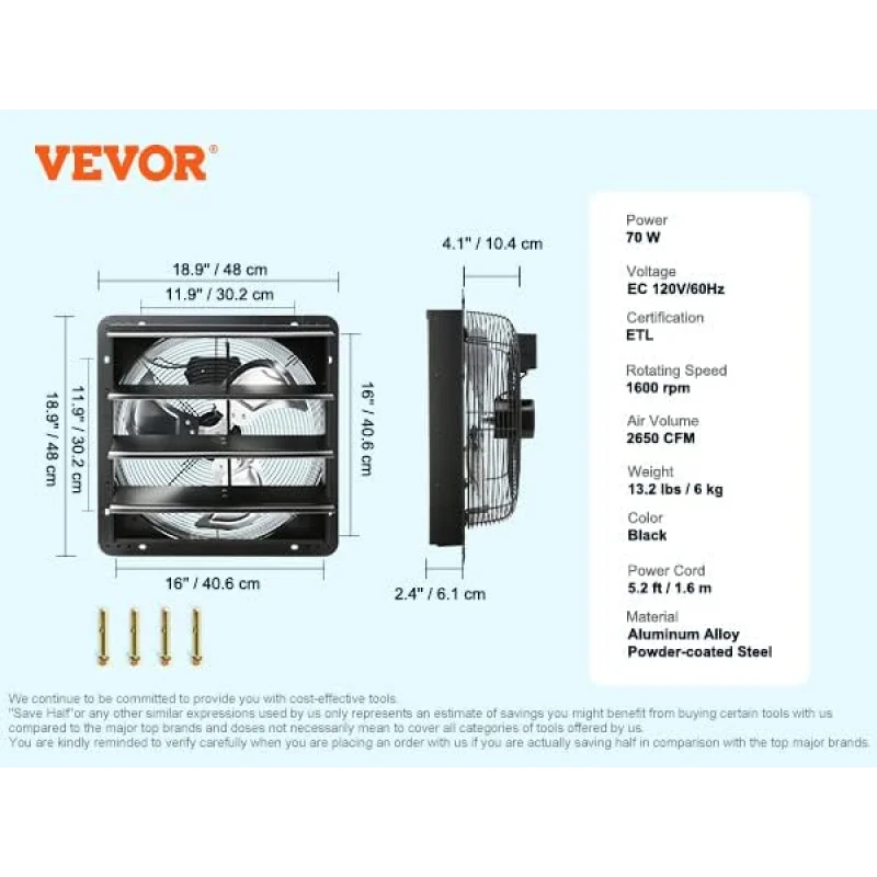 VEVOR 16'' Shutter Exhaust Fan, Temperature and Humidity Controls, 18.9 x 18.9 inch, 2650 CFM, ETL Listed, 120V/60Hz, 70W, Black