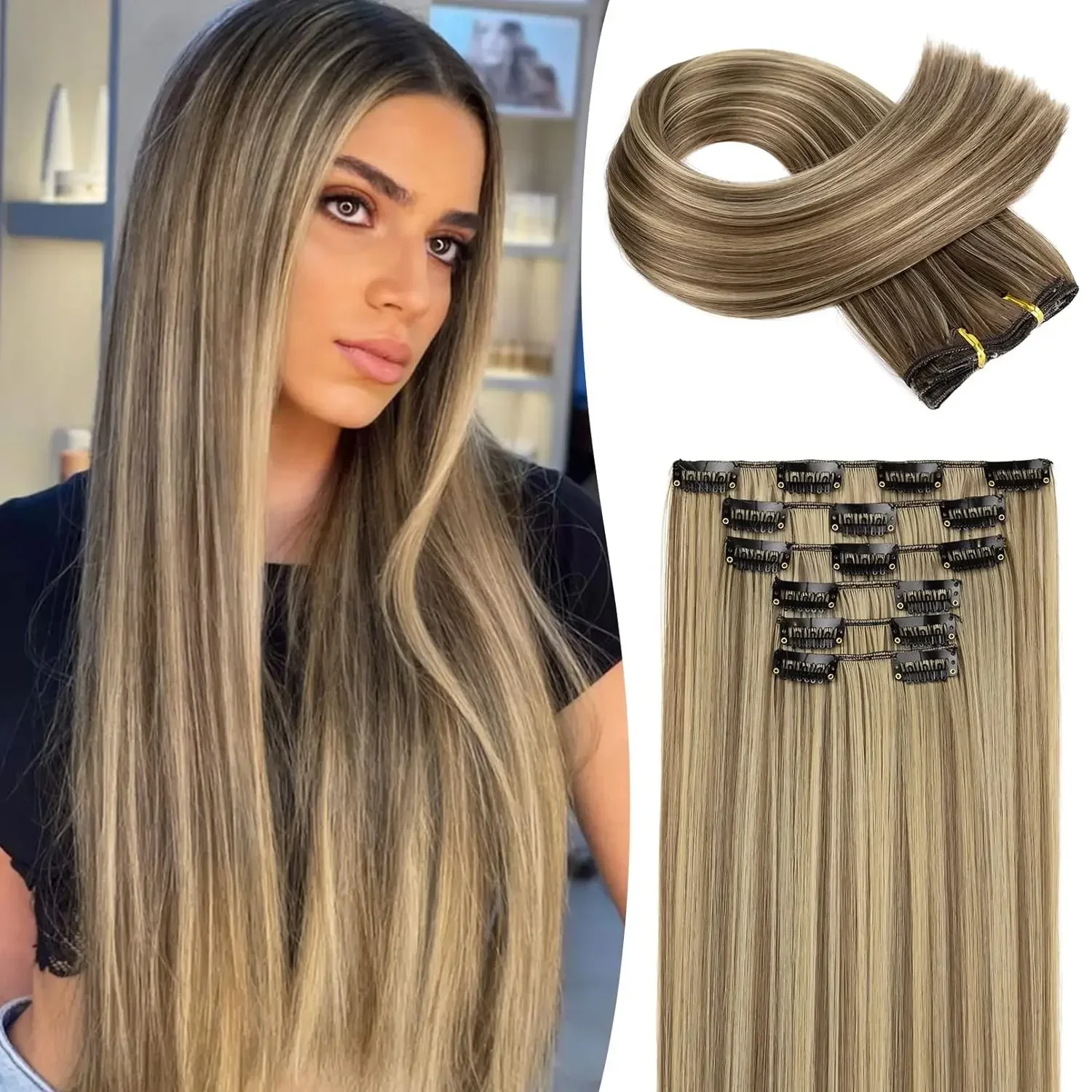 Synthetic Long Straight wavy Clip In Hair Extensions 6Pcs 16Clips brown blond Hairpieces with Clips On Hair Extension for Women