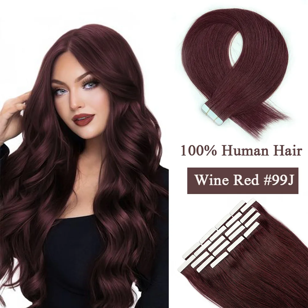 

Straight Tape in Human Hair Extensions Brazilian Hair 12-24" Invisible Seamless Burgundy Human Hair Tape in Hair #99J For Women