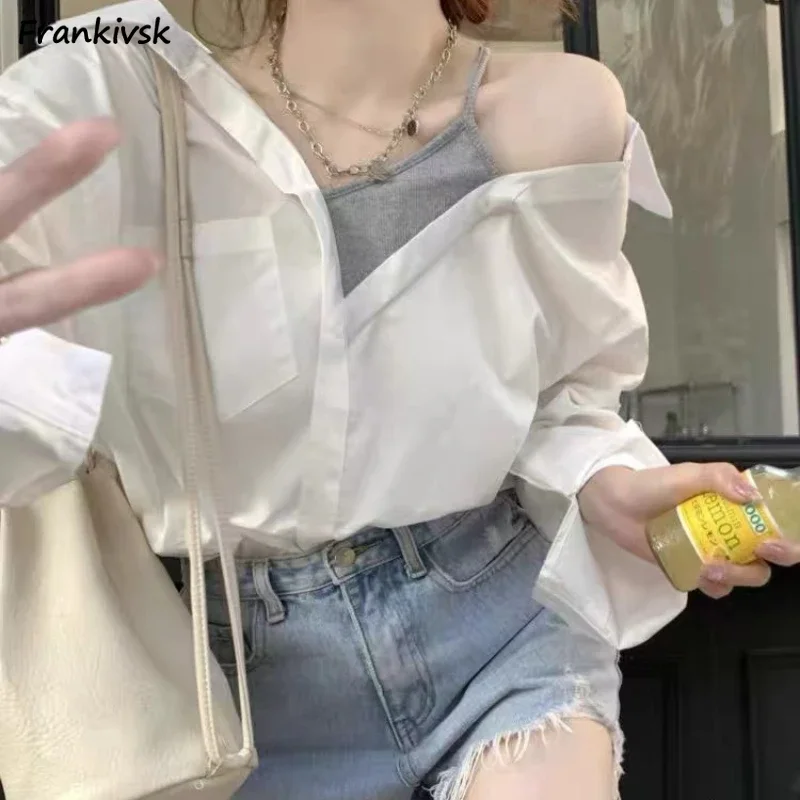 

Shirts Women Fake Two Pieces Off Shoulder Solid Spring Casual Schoolgirls All-match Fashion Korean Style Daily Chic Gentle New