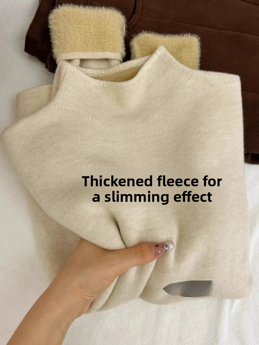 

Thiened Knitted Fce Women's Sweater Autumn Winter One-Piece Mink Velvet f High Collar Long Sve Warm Base irt Top
