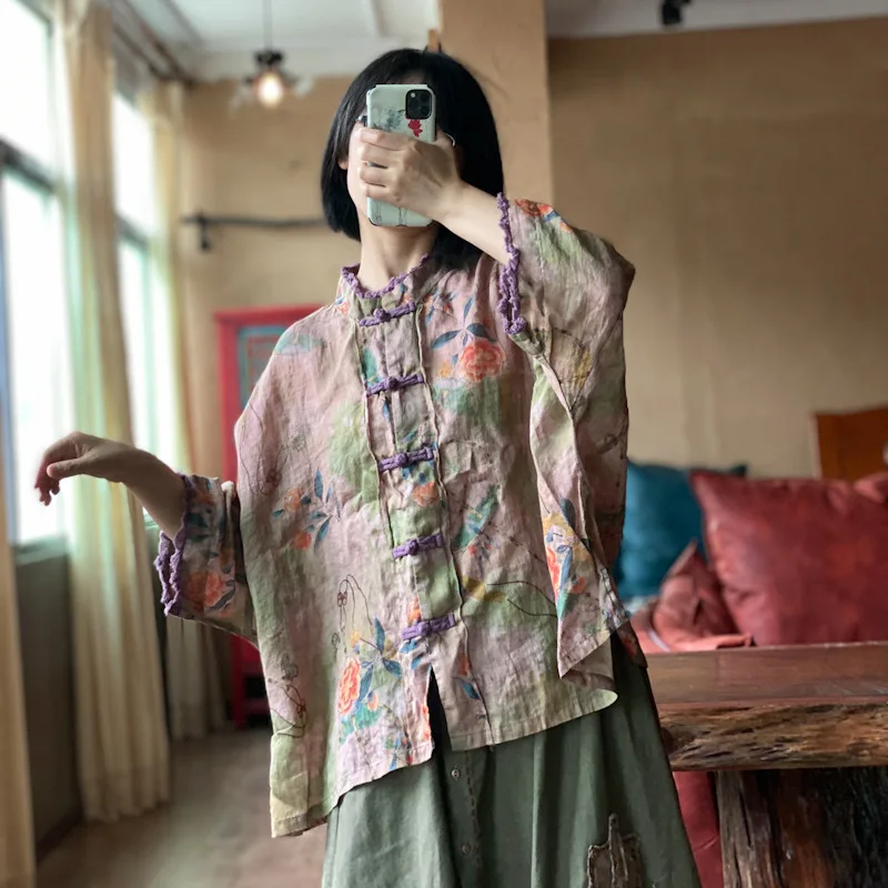 

Spring New Ramie Thin Vintage Cotton Linen Shirts Females Fashion Casual Elegant Printed Blouses Womens Loose Batwing Blouses