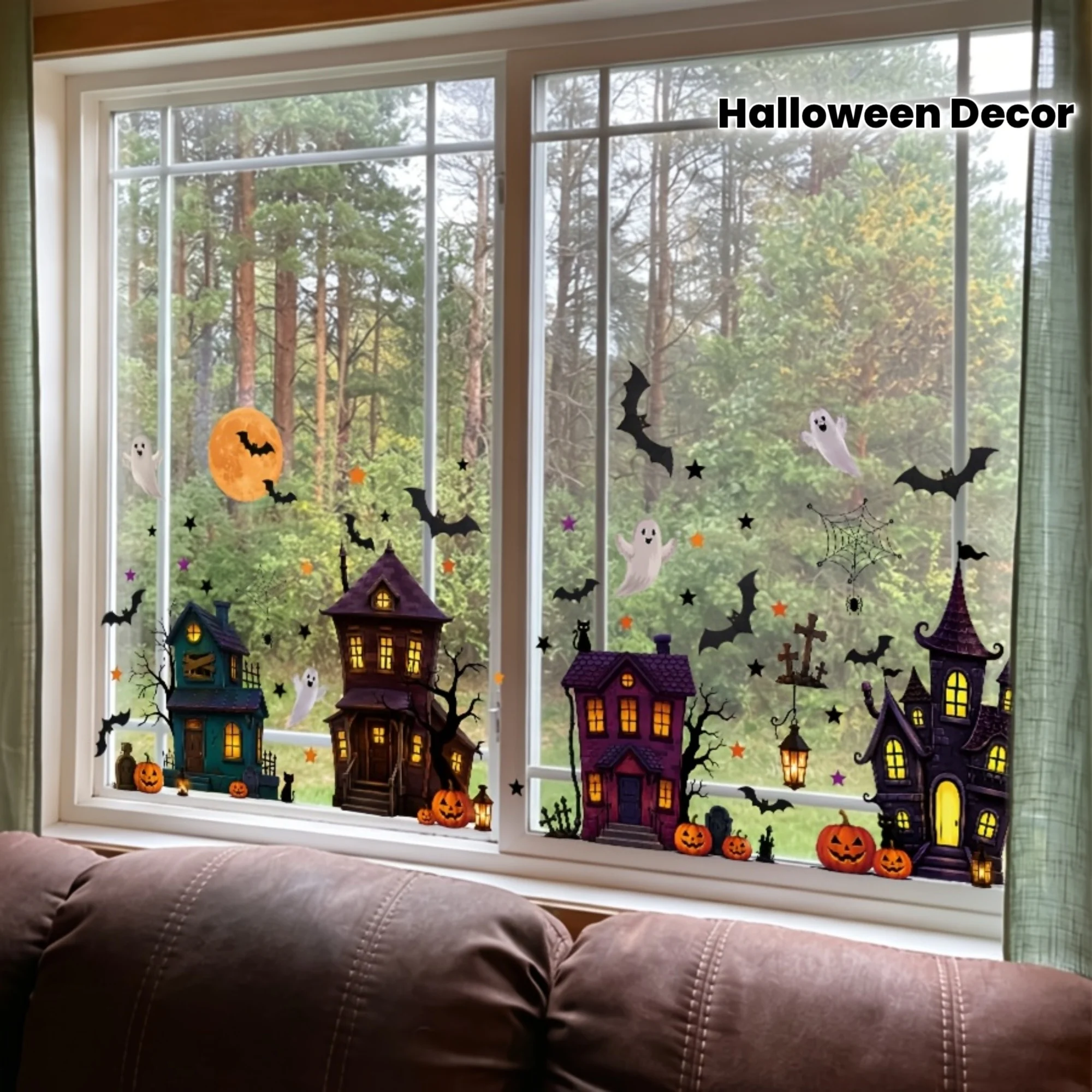 1Set/4pcs Colorful Spooky Haunted House Static Cling Window Stickers with Ghost Bat Pumpkin Spider Web Full Moon Star,Home Decor