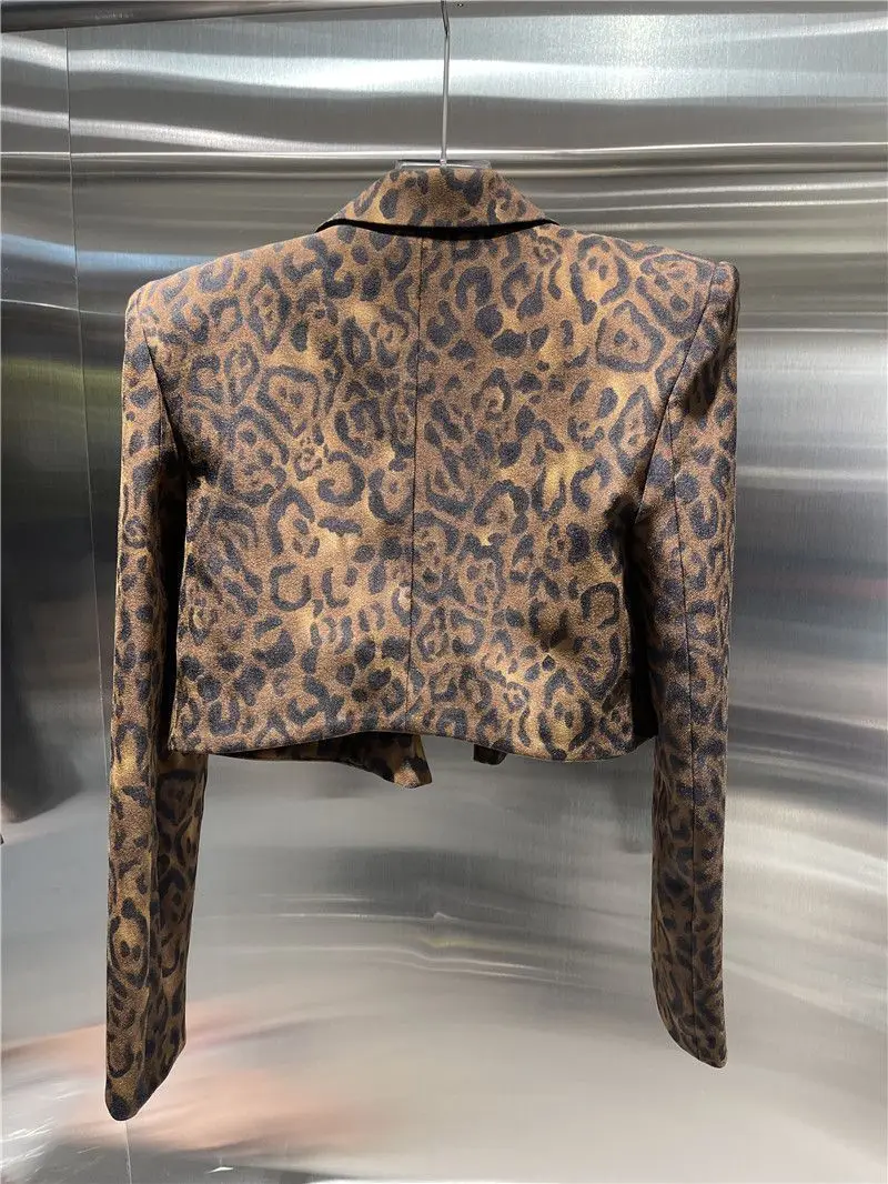 Kobiety Wiosna Leopard Printed Blazers Jacket Slimming Long Sleeved Suit Jacket Coat OL Turn Down Collar Cardigan High Waist Tops