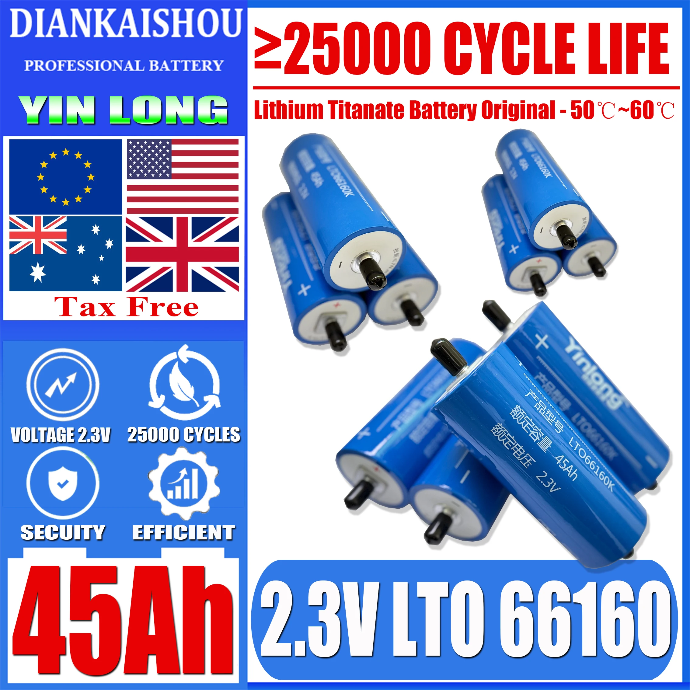 

Yinlong 2.3V 45Ah Lithium titanate lto 66160 Battery Grade A 10c DIY 12V 24V 48V Electric Boat Solar Speaker Car Power Battery