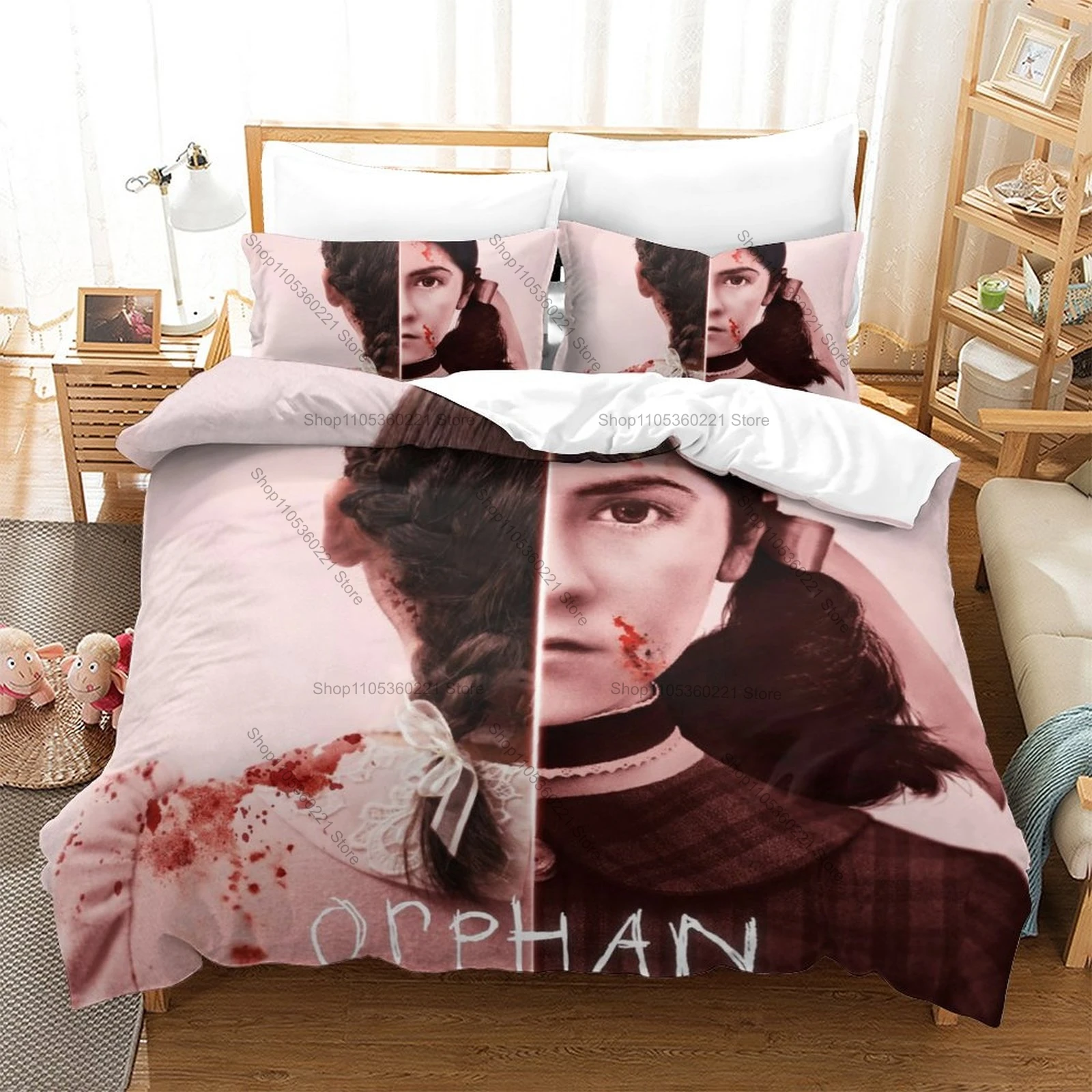 Popular Thriller Orphan: First Kill Duvet Cover + 2 Pillowcases Scary Character Design Bedding Set All Season Use Horror Lovers