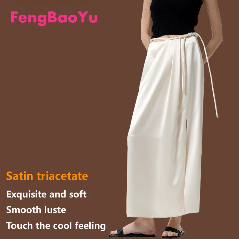 High-end Satin Triacetate Skirt Original Design Vertical Slit Lace-up Skirt Outdoor Casual Temperament Women's Free Shipping