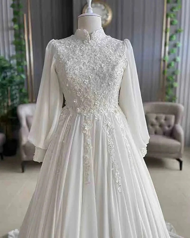 Muslim Chiffon A-Line Wedding Dress With Long Wrap High Collar Long Sleeves Elegant White Wedding Gown For Women Customized