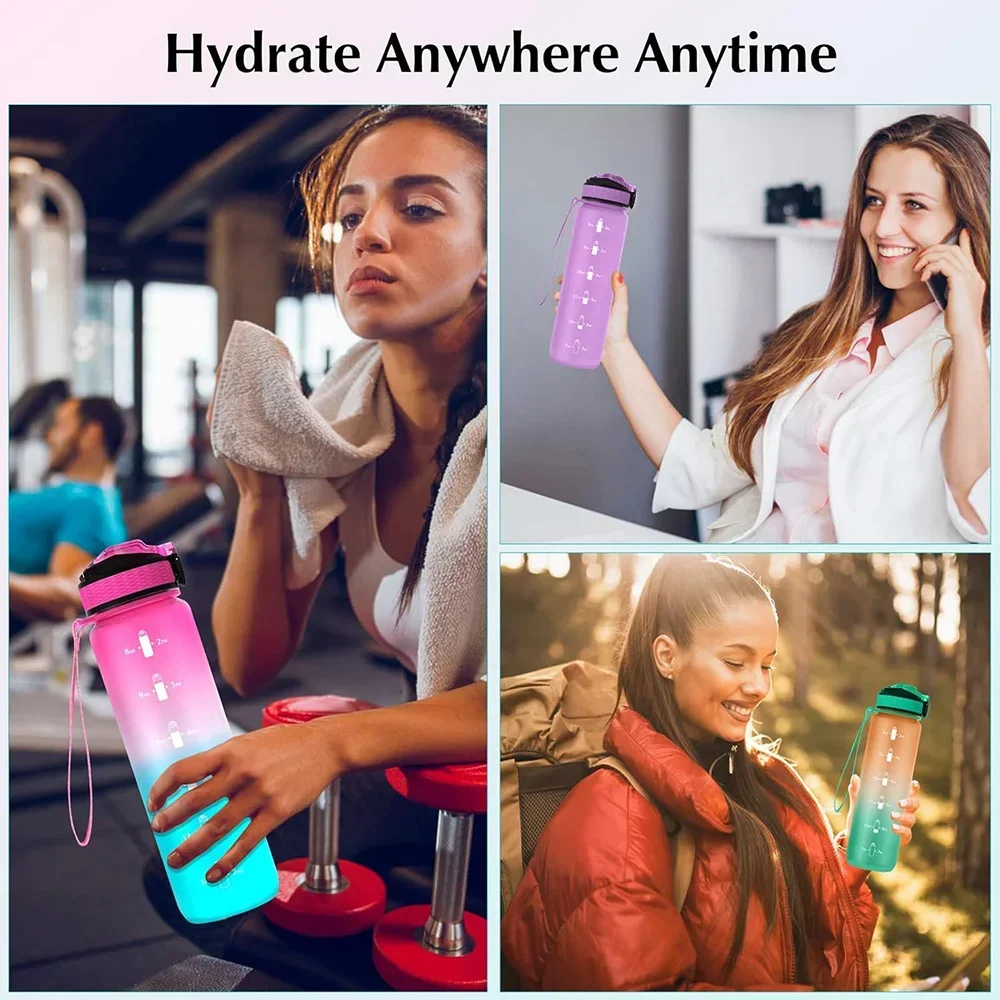 1L Sports Bottle with Time Scale Gradient Color Drinking Bottle Leakproof Portable Outdoor Travel Gym Fitness Jugs For Office