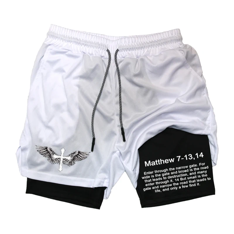 Pantalones cortos de compresión para hombre, Shorts deportivos 2 en 1 de alto rendimiento con estampado de la Biblia, informales, para gimnasio,