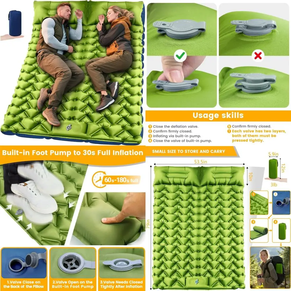 وسادة نوم مزدوجة سميكة خفيفة الوزن مع وسادة مدمجة ومضخة قدم لـ 2، حصيرة تخييم مدمجة قابلة للنفخ #1