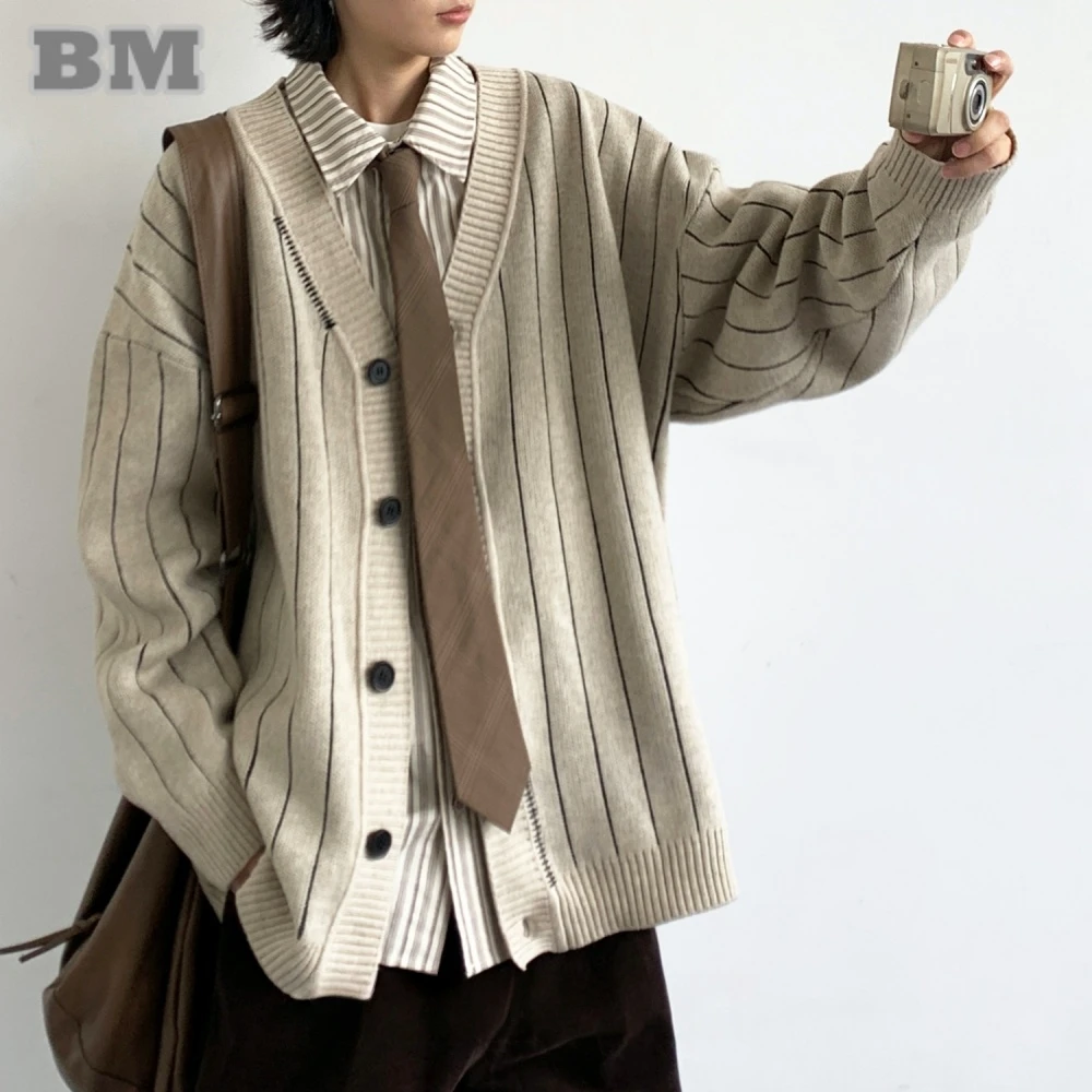 

Унисекс японский винтажный полосатый кардиган с v-образным вырезом негабаритный осенне-зимний свитер в консервативном стиле трикотаж уличная одежда пальто высокого качества