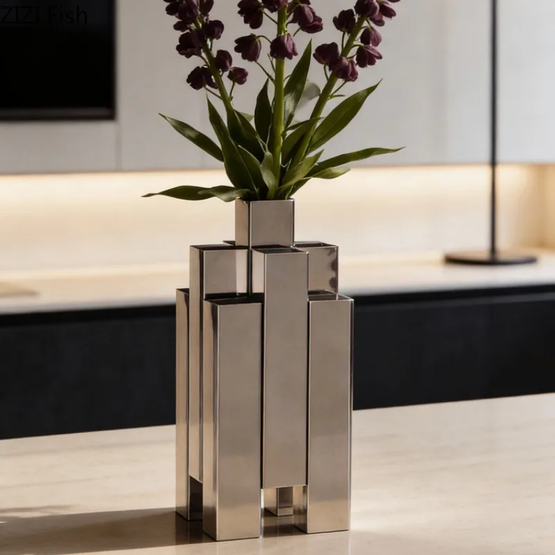 Mirror Stainless Steel Vase Decoration Crafts Dried Flower Vase Flower Arrangement Floral Vases Aesthetic Decor Decorative Vases
