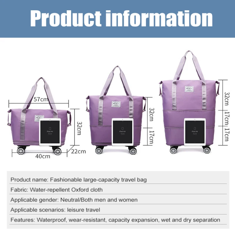 Travel Trolley Luggage Storage Bag With Wheels Waterproof Pulley Portable Collapsible Expandable Fashion Large Capacity Clothes