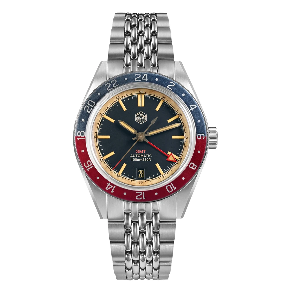 

Мужские часы San Martin GMT 39,5 мм автоматические механические наручные часы 20ATM светящийся сапфировый алюминий двунаправленный Безель NH34