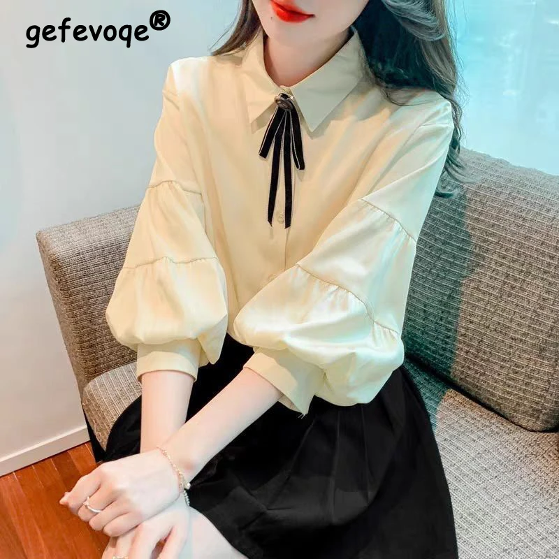 Women Korean Bow Sweet Kawaii Shirts Spring Summer Solid 3/4 Sleeve Loose Elegant Blouses Chic Casual Tops Blusa Mujer Moda 2023