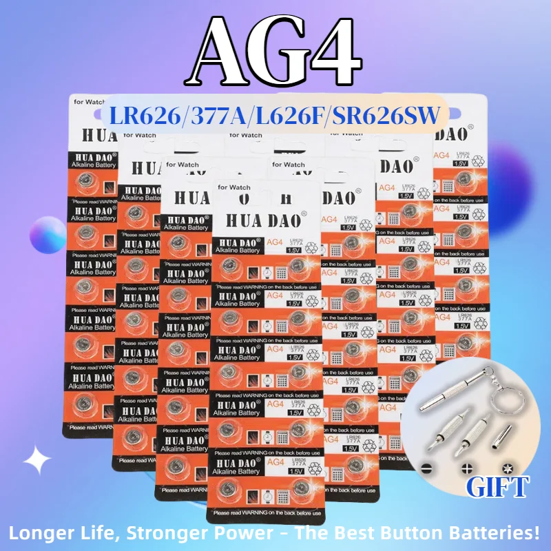 

AG4 LR626 1.5V Alkaline Button Battery for Watch, Toy, Calculator, Car Key, Clock, SR626SW, 377, 377A, CX66W, Long Lasting Power