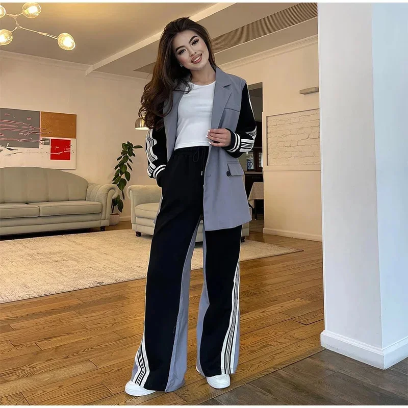 Casual Patchwork Blazer Pants Set Women Long Sleeve Double Breasted Coat Top Wide Leg Trousers 2024 Autumn Fashion Lady Outfits