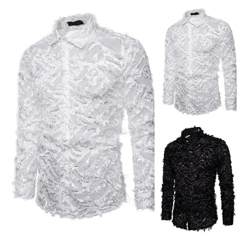 

Men's handmade three-dimensional feather fabric lapel long-sleeved shirt