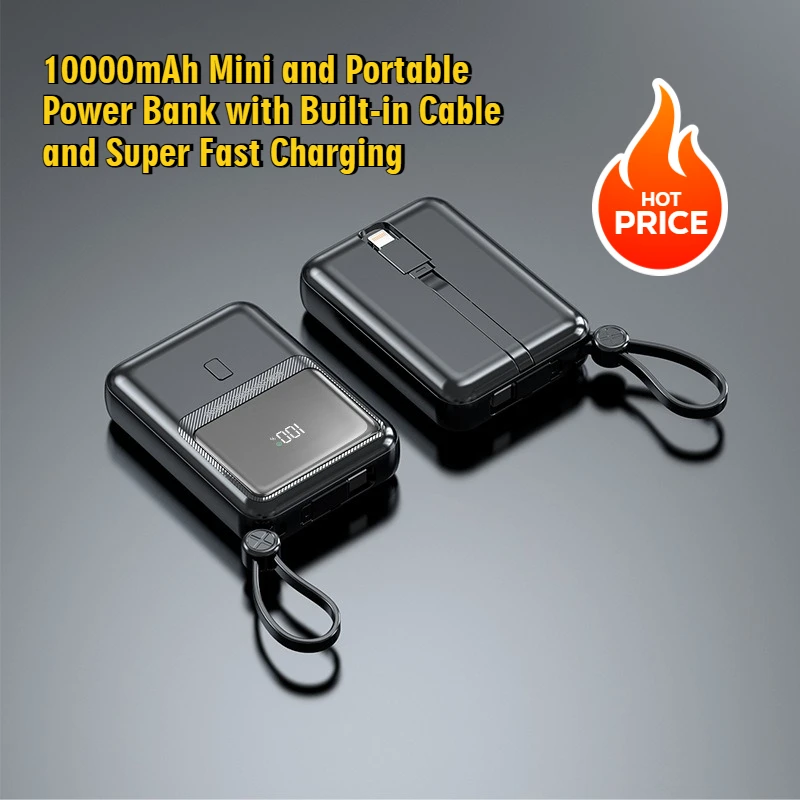 

10000mAh Mini and Portable Power Bank with Built-in Cable and Super Fast Charging