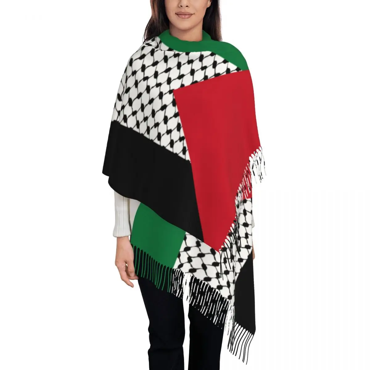 Palestine Flag Scarf for Womens Fall Pashmina Shawl Wrap Palestinian Hatta Kufiya Keffiyeh Large Scarves with Tassel for Ladies