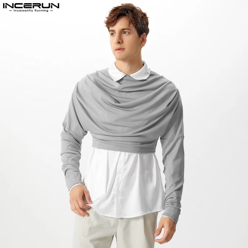 INCERUN New Men's Stylish Tops Pile Neck Cropped T-shirts Leisure Streetwear Male Solid Comfortable Long Sleeved Camiseta S-5XL