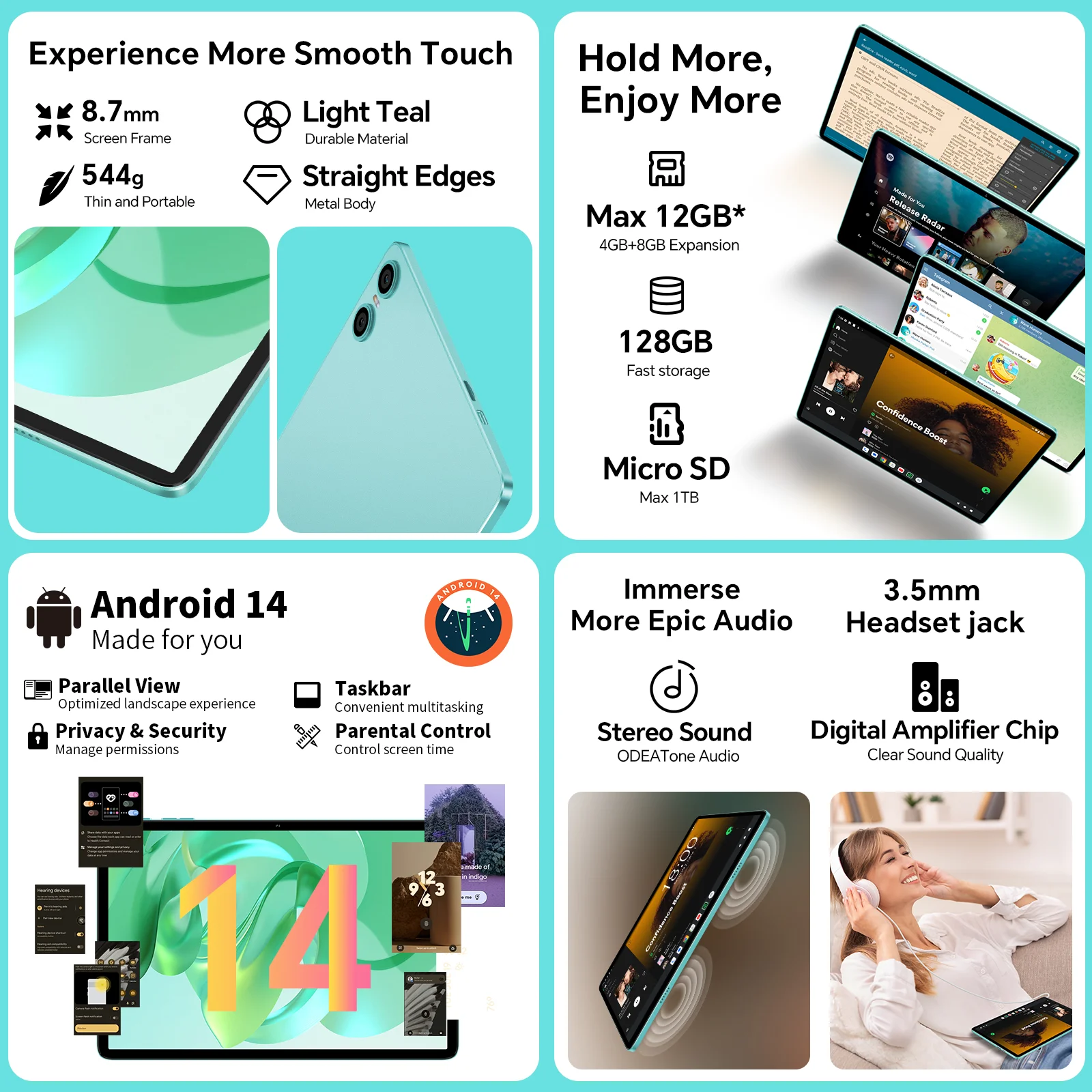 تابلت Teclast Odea A10 Android 14، 10.1 بوصة Ips، (4Gb+8Gb)12Gb Ram، 128Gb Rom، 8 Cores، Unisoc T606، 1280X800، Mali-G57، 6000Mah، 5Mp+2Mp، يدعم Tf حتى 1Tb، Type C، Widevine L1