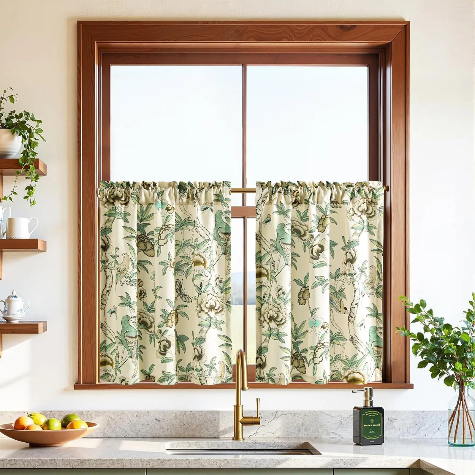 Rustic Farmhouse Plants & Birds Print Cafe Tier Curtains 2 Panels, Rod Pocket Short Window Drapes for Kitchen Dining Room