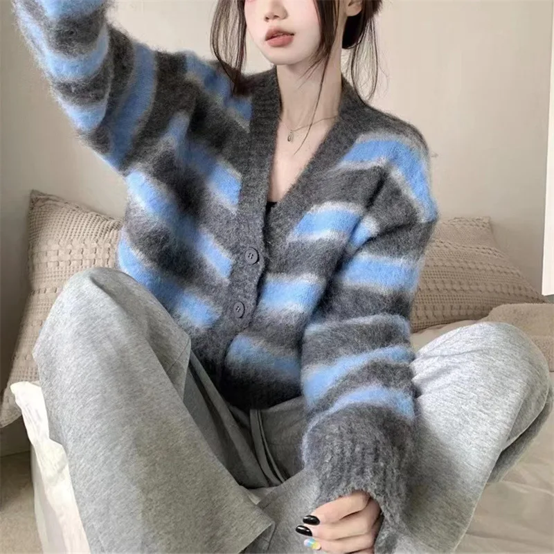 Soft And Lazy Striped Long Sleeved Sweater For Women In Autumn Design, Imitation Mink Fleece Loose V-Neck Knitted Cardigan Coat