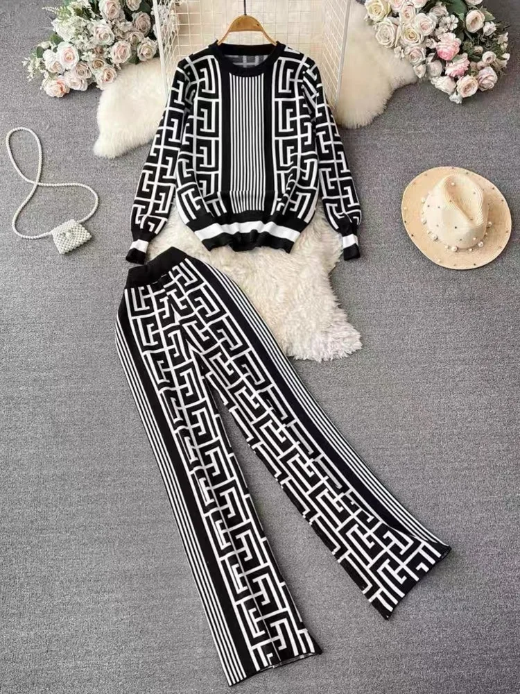 Women's Long Sleeve Jacquard Knit Top 2-Piece Labyrinth Print Loose Sweater + Wide Legs Long Pants Korean Style Casual Chic Suit