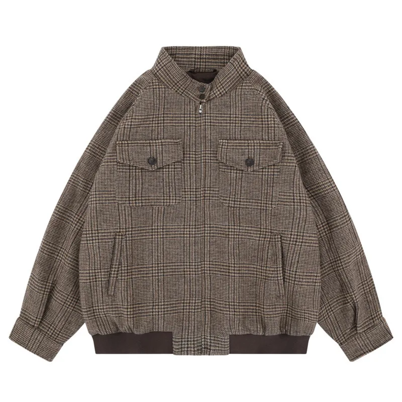 Men's 2025FW Maillard Style Thousand Grid Wool Stand Collar Harrington Clean Fit Jacket