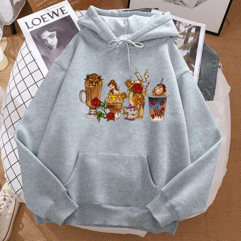 Beauty and The Beast Hoodies Women Rose Printed Fashion Casual Coffee Hoodie Sweatshirts Long Sleeve Harajuku Tops Clothing