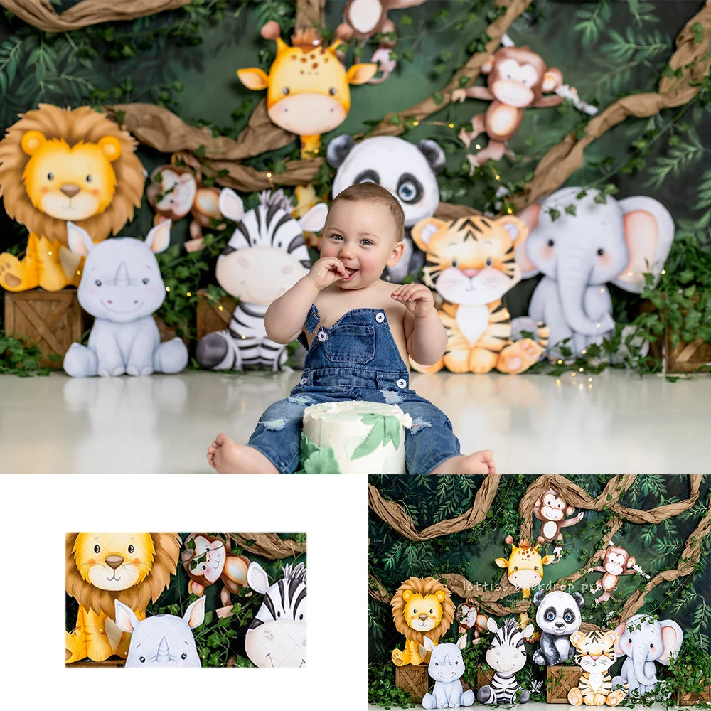 

Cute Jungle Babies Backdrops Kids Baby Birthday Cake Smash Photocall Decors Child Adult Photography Animals Lions Backgrounds