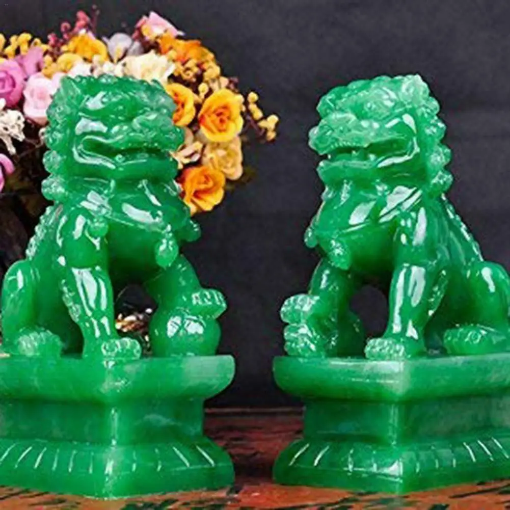 

2 шт. FENG SHUI EXQUISITE ПАРА ЗЕЛЕНЫЙ НЕФРИТОВЫЙ FOO FU DOG Защитная дверь Лев Китай