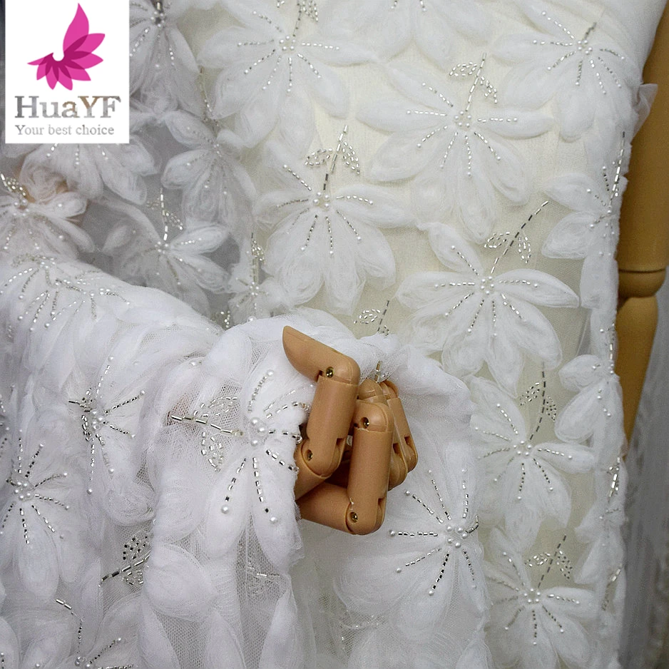 

1 Yard New White Pearl Beads 3D Coiling Floral Wedding Dress 2024 Lace Fabric Material Beads Swiss Voile Leaf Lace Fabric HY2665