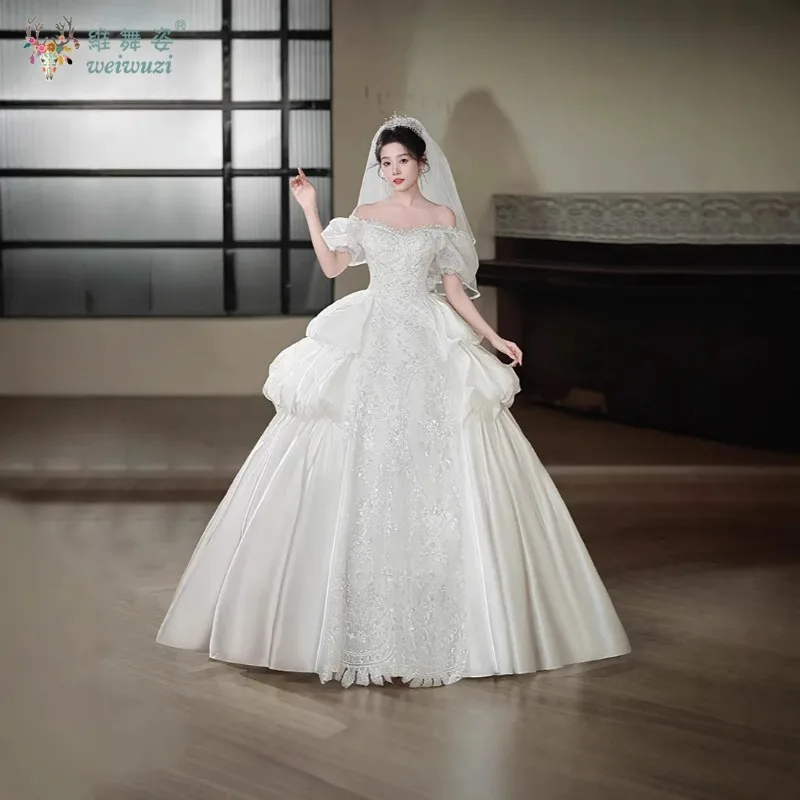 Vestido de novia de industria pesada estilo palaciego Retro francés, bordado de cuentas de lentejuelas, vestido de novia de satén bordado hecho a mano