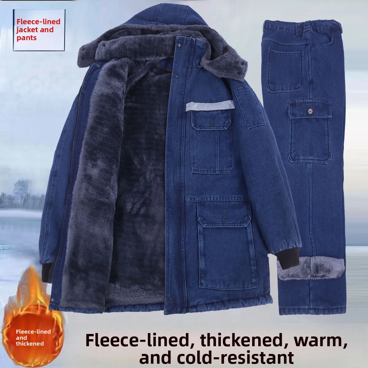 Thickened Fleece Winter Denim Workwear Cotton Jacket And Pants Set Labor Protection Coat Men's Fleece Lined Pants Warm Buildi...