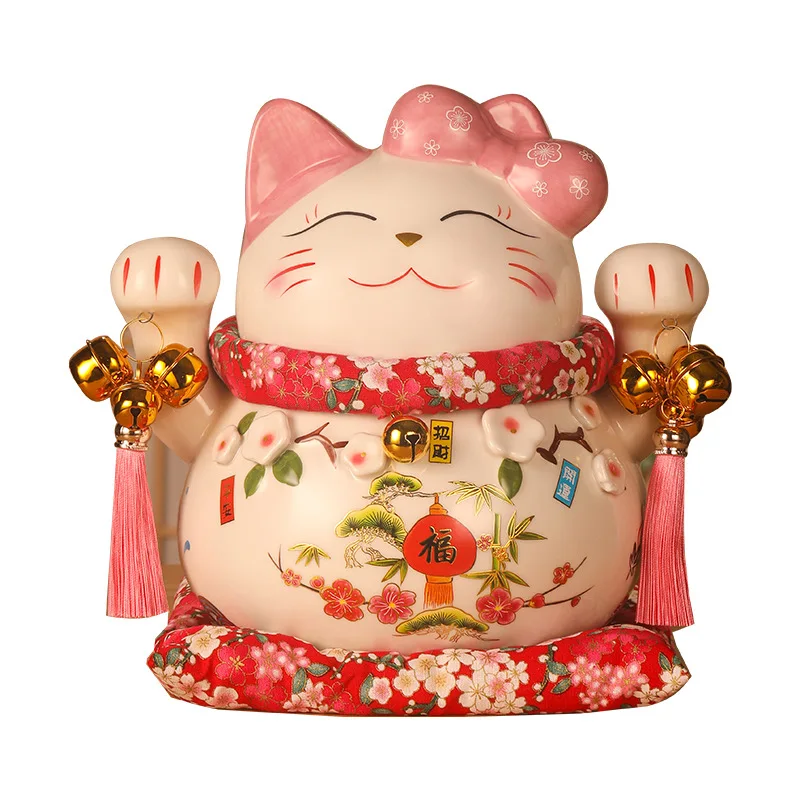 Peach Blossom Cat  Lucky Cat Girl Cute Cash Can Japanese Ceramic Decoration Cashier Lucky Cat Home Decor 7 8 10 inch