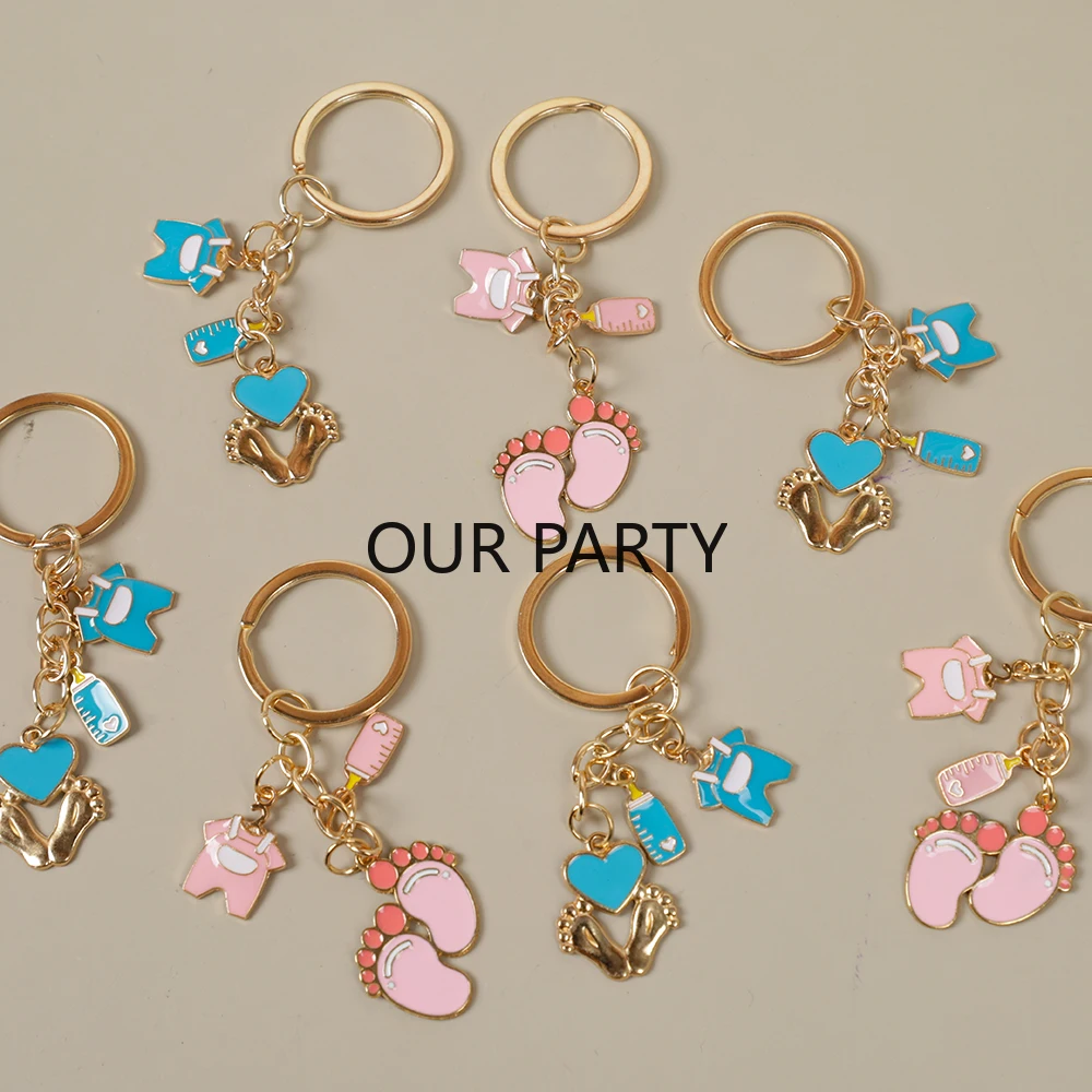 5Pcs Cute Gender Reveal Theme Alloy Keychain Foot Milk Bottle Backpack Pendant for Baby Shower Birthday Party Favors Guest Gifts