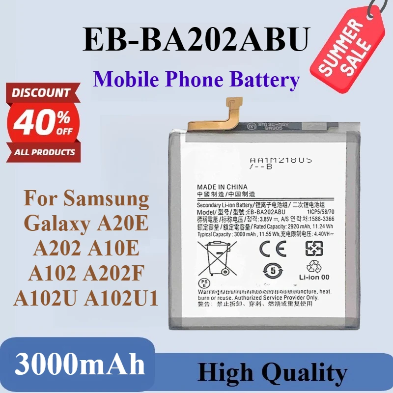 

Brand New High Quality EB-BA202ABU 3.85V 3000mAh Mobile Phone Battery For Samsung Galaxy A20E A202 A10E A102 A202F A102U A102U1