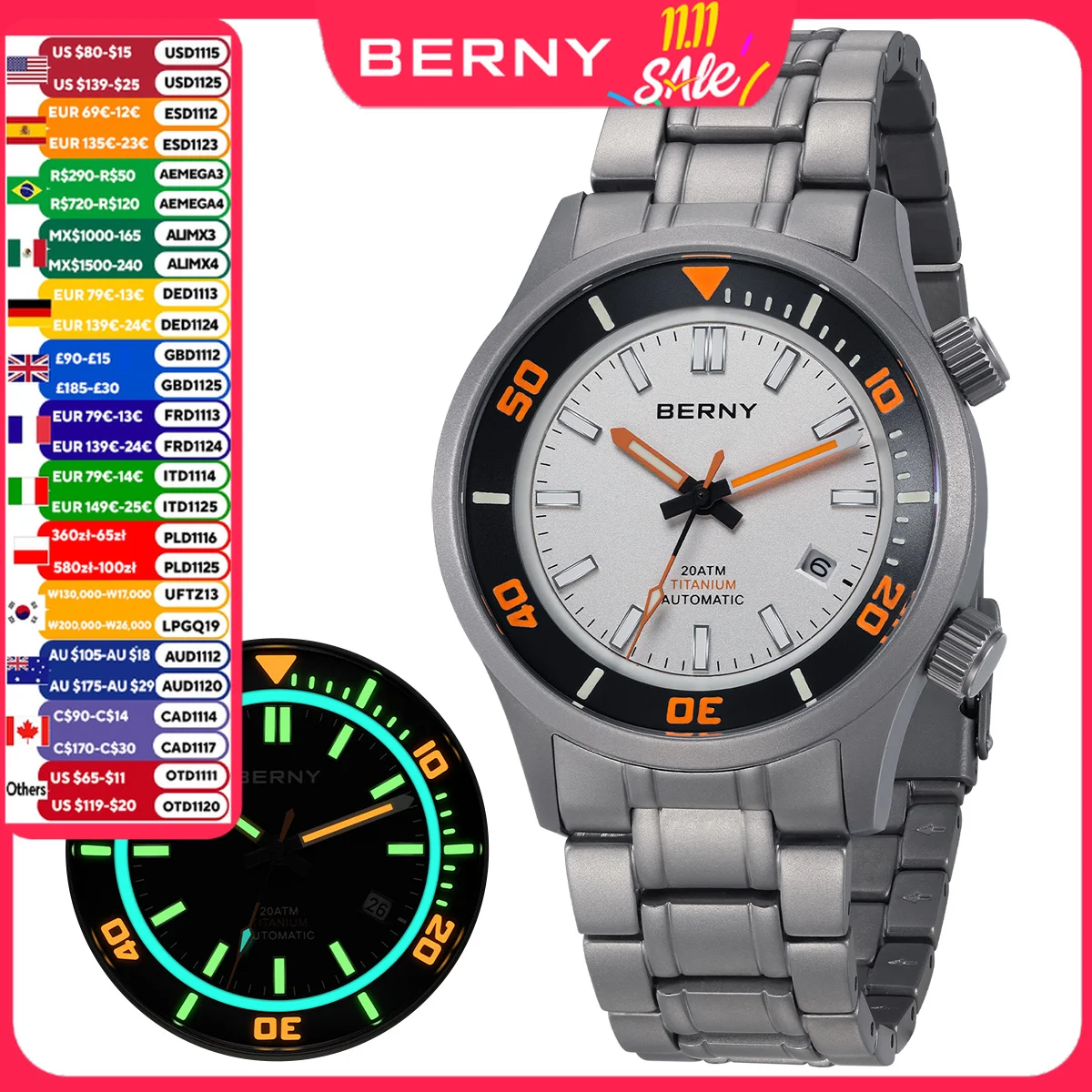 BERNY Automatic Full Titanium Diver Watch For Men Supper Luminous Sappire AR Coated Miyota 8215 20ATM Top Mechanical Diver Watch