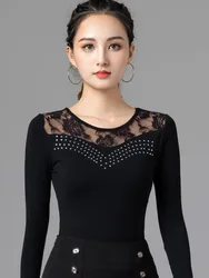 Lace Patchwork Latin Dance Rhinestones Tops 2024 Samba Beautiful Adult Women Costumes Jazz Slim Fit Line Competition T-shirt