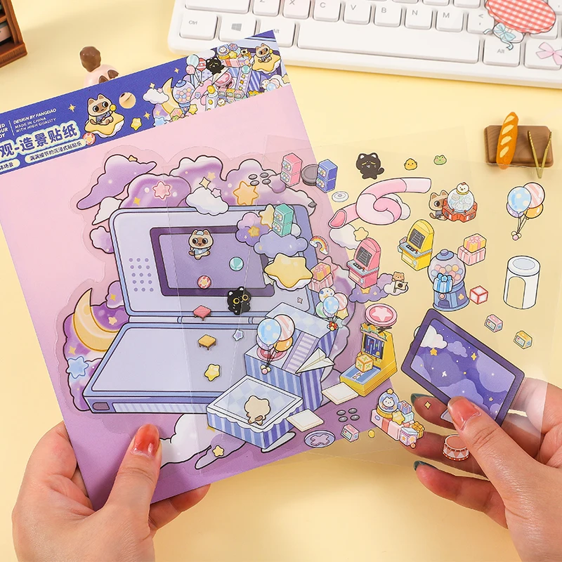 Kawaii 3d cena em miniatura paisagem adesivos dos desenhos animados bolso casa visual empilhamento diy bonito adesivos presentes do festival das crianças