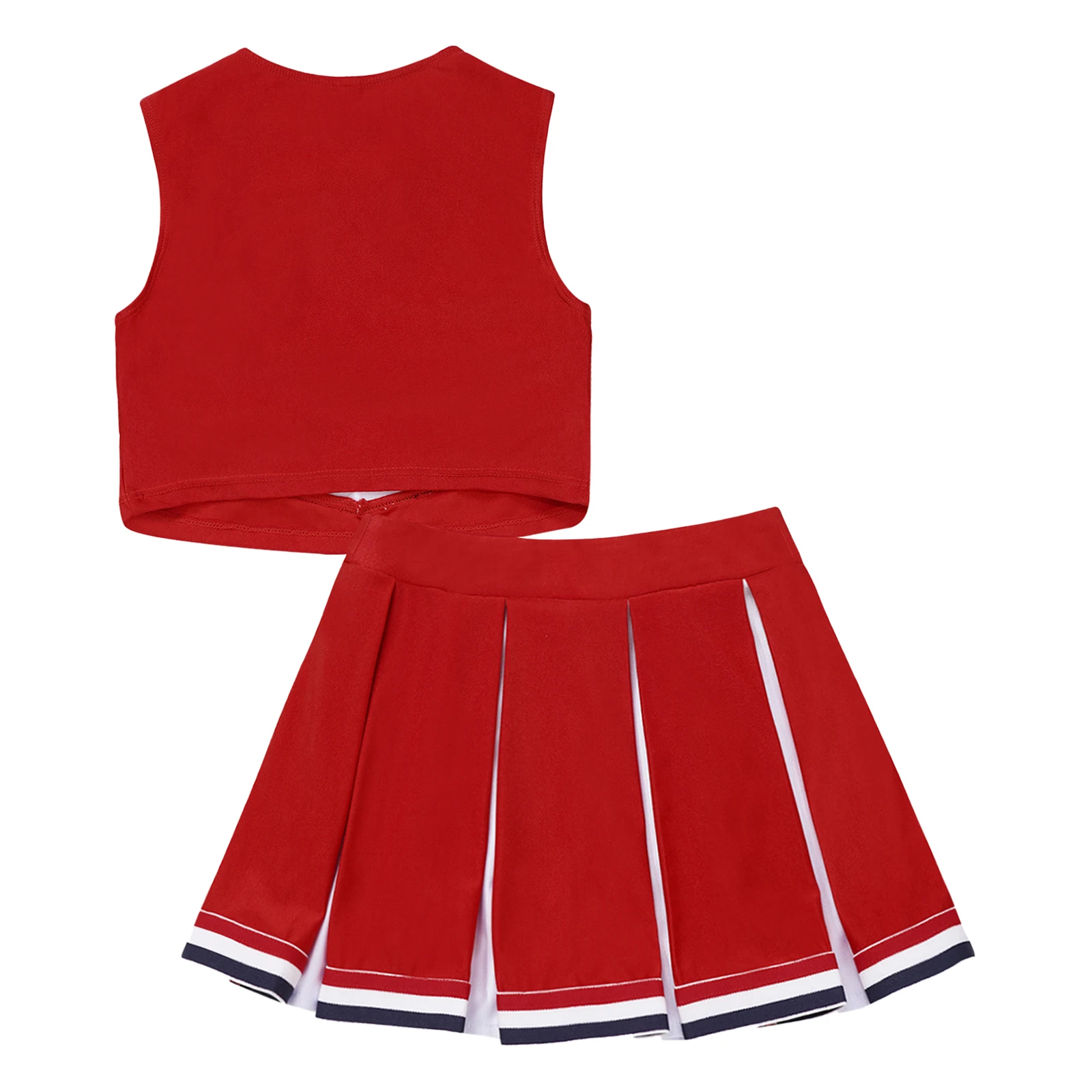 Kids Girls Cheerleading Dance Costume V Neck Sleeveless Letters Printed Colorblock Vest with Pleated Skirt Set Cheering Uniform