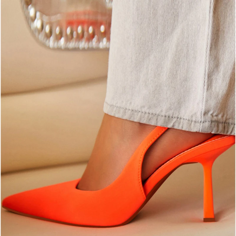 Spring Summer Fashion Solid Flock Thin High Heel Ankle Slingbacks Elastic Band Slip-On Career Party Dress Pumps 35-42