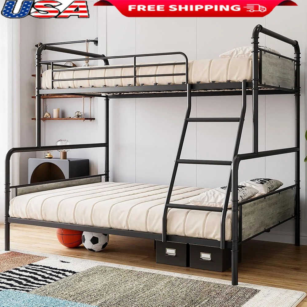 Twin Over Full Metal Bunk Bed with High Guardrail Ladder Convertible Easy Assembly Space Saving Sturdy Design Kids Teens Adults