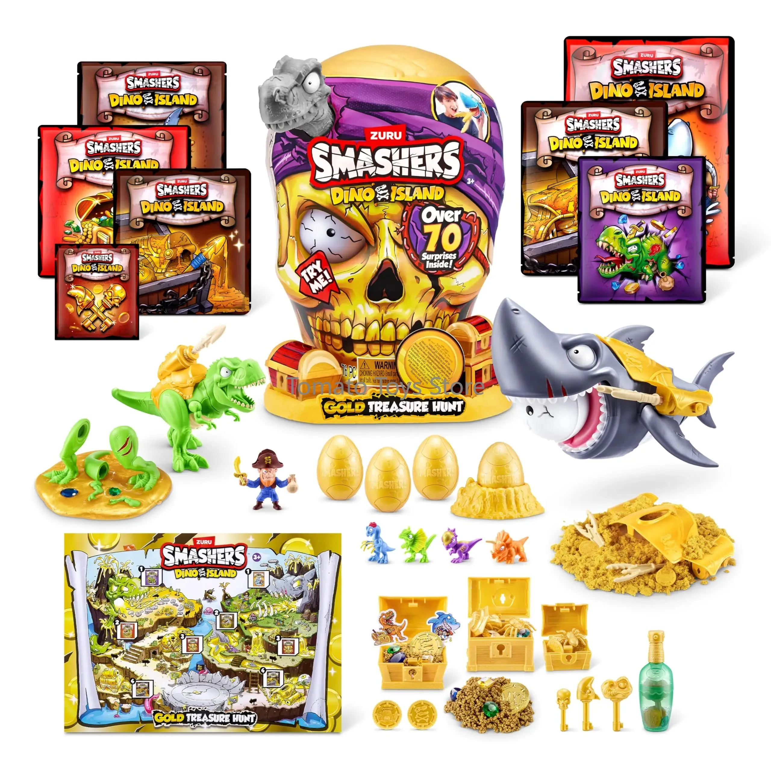 In Stock ZURU Smashers Dino Island Giant Skull Gold Treasure Hunt Dinosaur Eggs Megalodon Model Interactive Toys Holiday Gifts