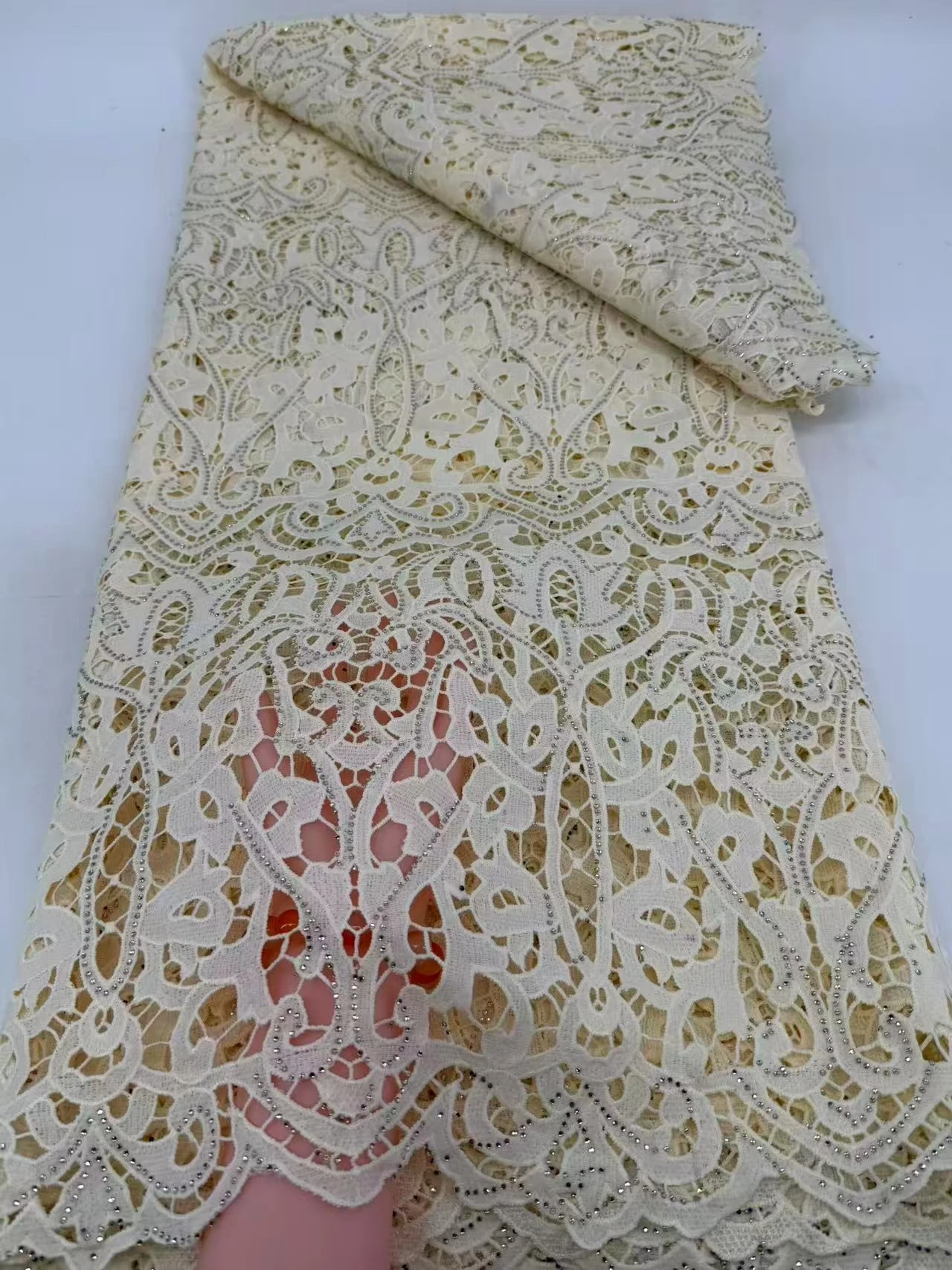 African Guipre Stone Lace Fabrics 2026 High Quality French Embroidery White Lace Fabric For Nigerian Wedding Sewing 5Yads H118-1