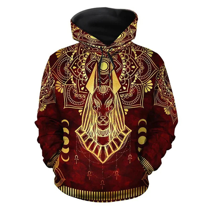 Men's Hoodie Ancient Egyptian Pharaoh Anubis Tattoo 3D Printing Pullover Sweatshirt Personality Streetwear Retro Graphic Hoodies