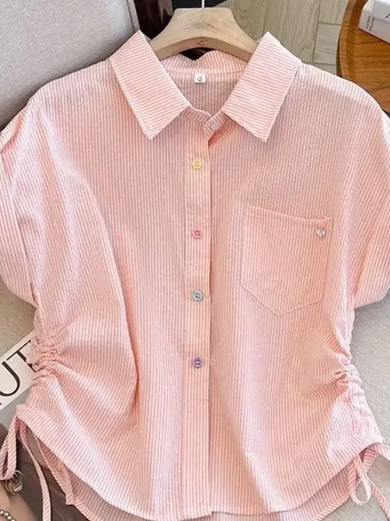 Summer 2025 Women's Striped Short Sleeve Shirt Korean Style Loose Fit Casual Versatile Short Length Drawstring Top